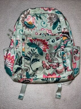 Vera Bradley Lighten Up Grand Laptop Backpack Mint Green Pink Flowers Snail